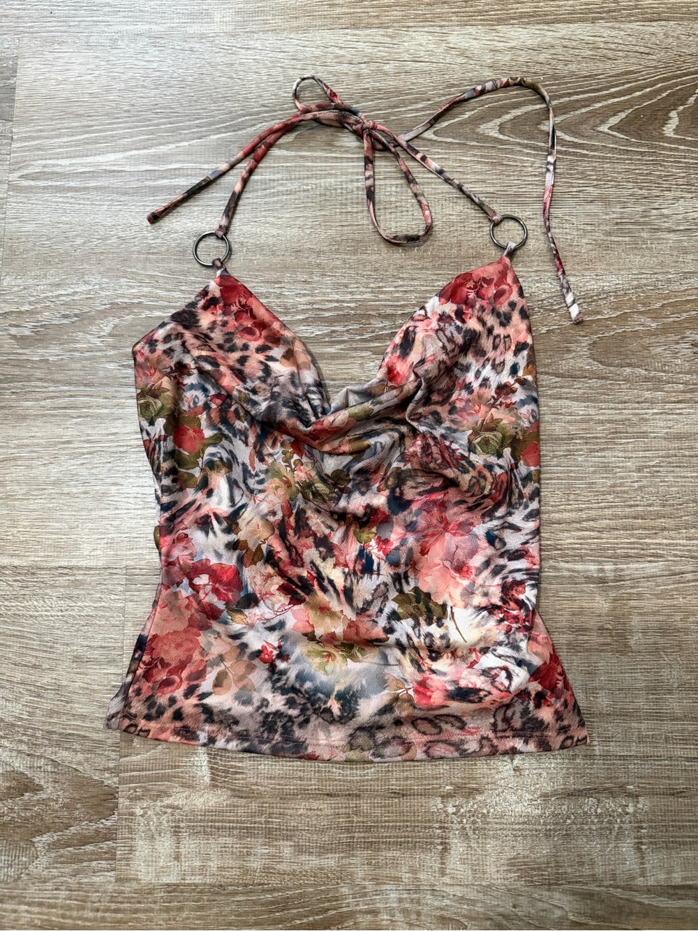 Floral Animal Print Cowl Halter Top